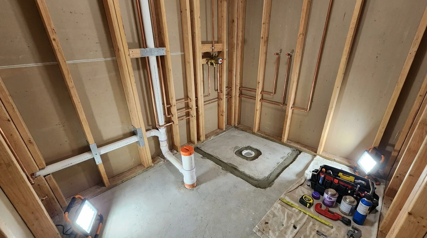 Bathroom rough-in plumbing during remodel by Johns Plumbing LLC in Elkridge