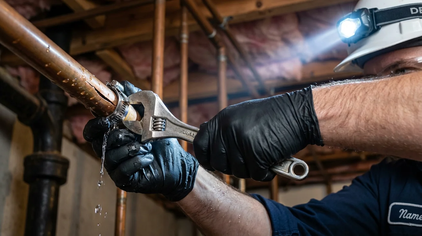 Emergency pipe clamp repair being performed by a Johns Plumbing LLC plumber in Elkridge