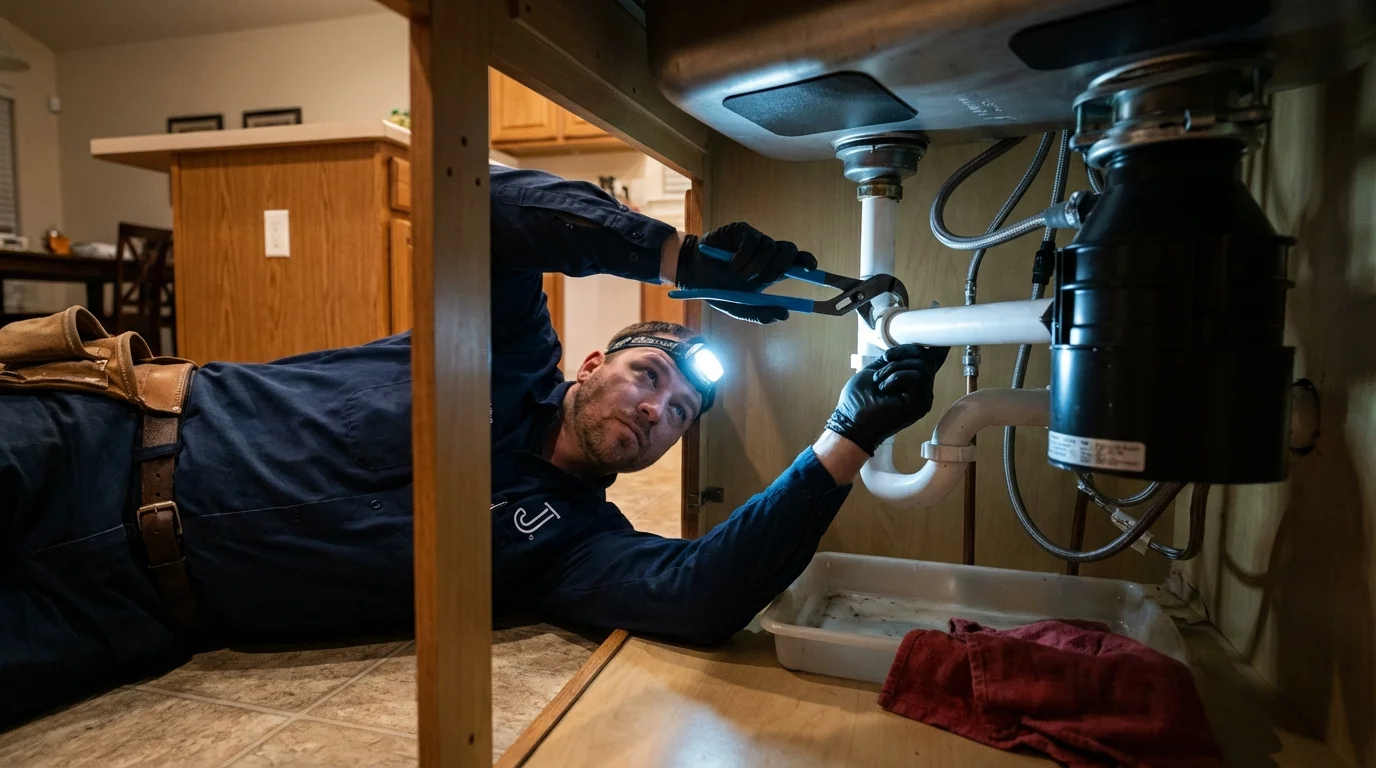 P-trap and supply line connections under a kitchen sink showing a common leak point in Elkridge, MD